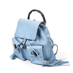 Backpack Bamboo Tassel Drawstring Backpack Blue Grained Calfskin Leather