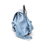 Backpack Bamboo Tassel Drawstring Backpack Blue Grained Calfskin Leather