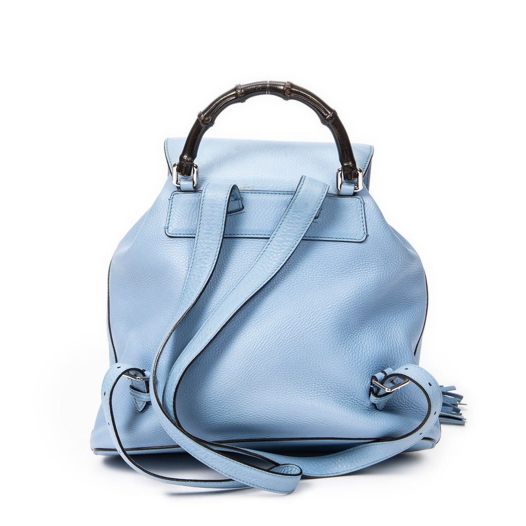Backpack Bamboo Tassel Drawstring Backpack Blue Grained Calfskin Leather