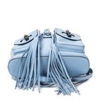 Backpack Bamboo Tassel Drawstring Backpack Blue Grained Calfskin Leather