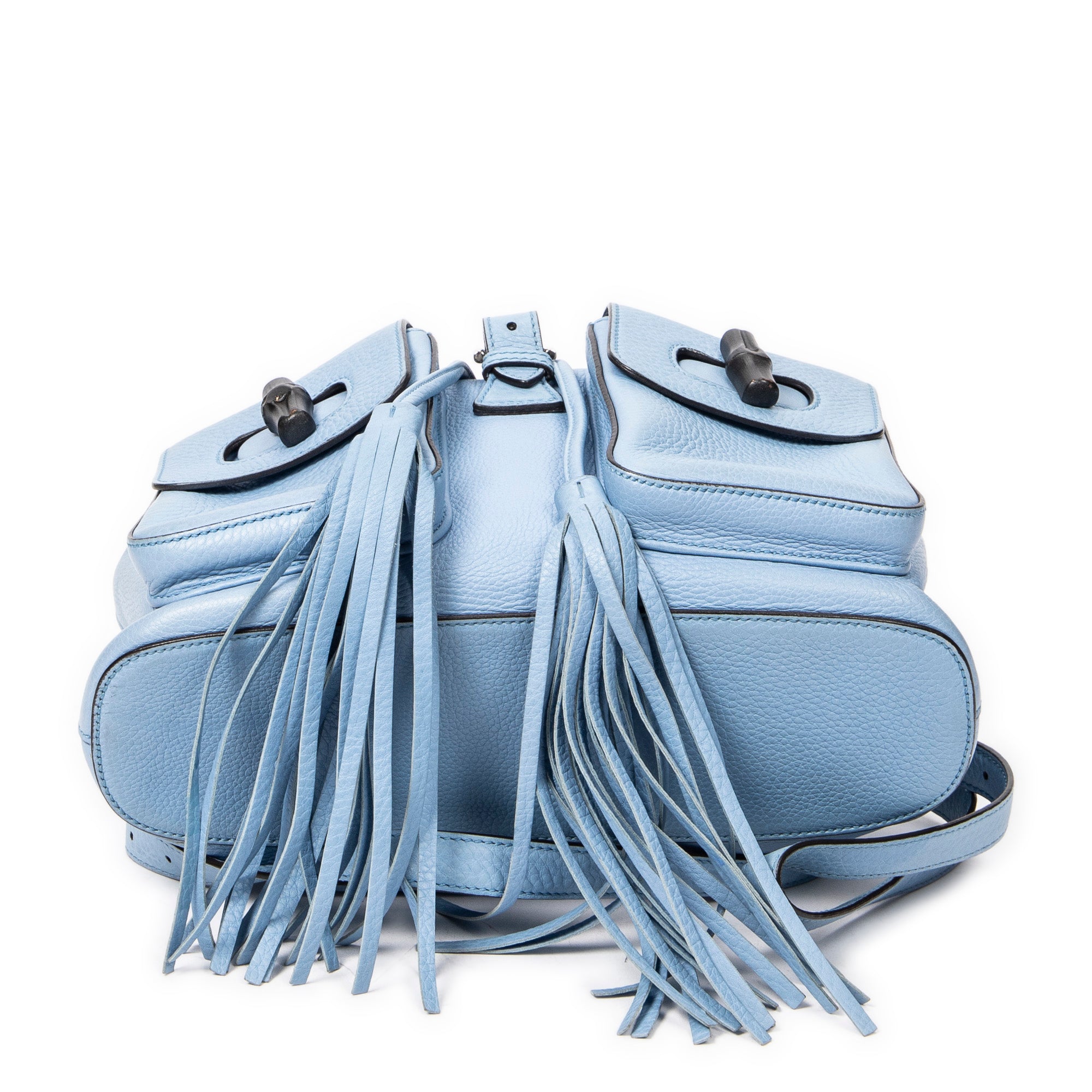Backpack Bamboo Tassel Drawstring Backpack Blue Grained Calfskin Leather