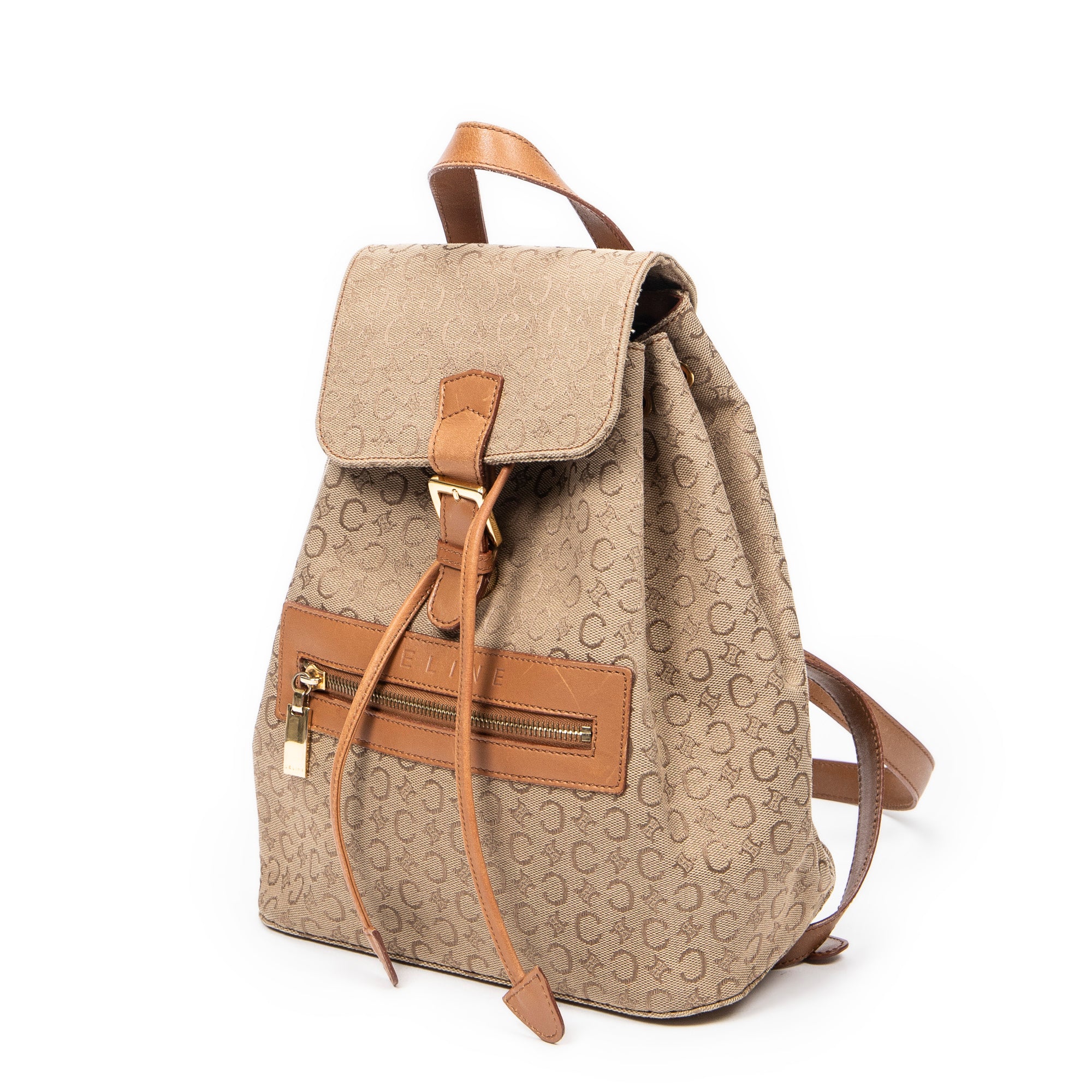 Backpack Front Zip Drawstring Backpack Beige C Macadam Canvas