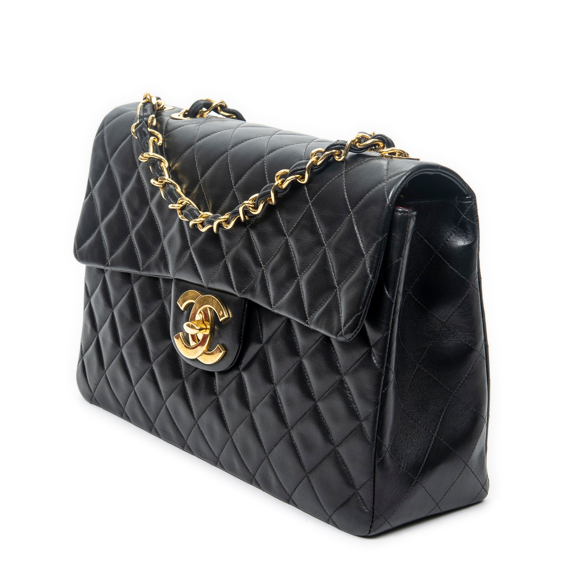Shoulder Bag Maxi Jumbo XL Flap Black Quilted Lambskin Leather