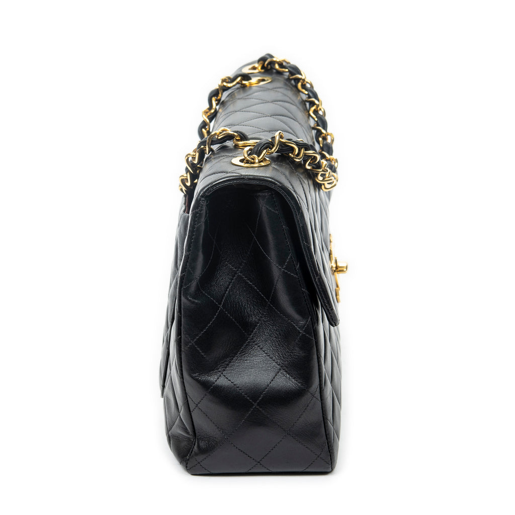 Shoulder Bag Maxi Jumbo XL Flap Black Quilted Lambskin Leather