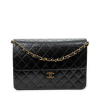 Shoulder Bag Vintage Push Lock Straight Flap Black Quilted Lambskin Leather