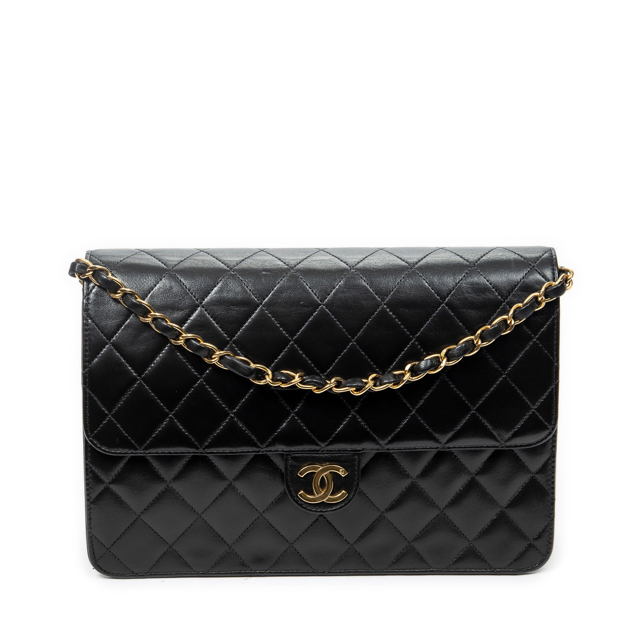 Shoulder Bag Vintage Push Lock Straight Flap Black Quilted Lambskin Leather
