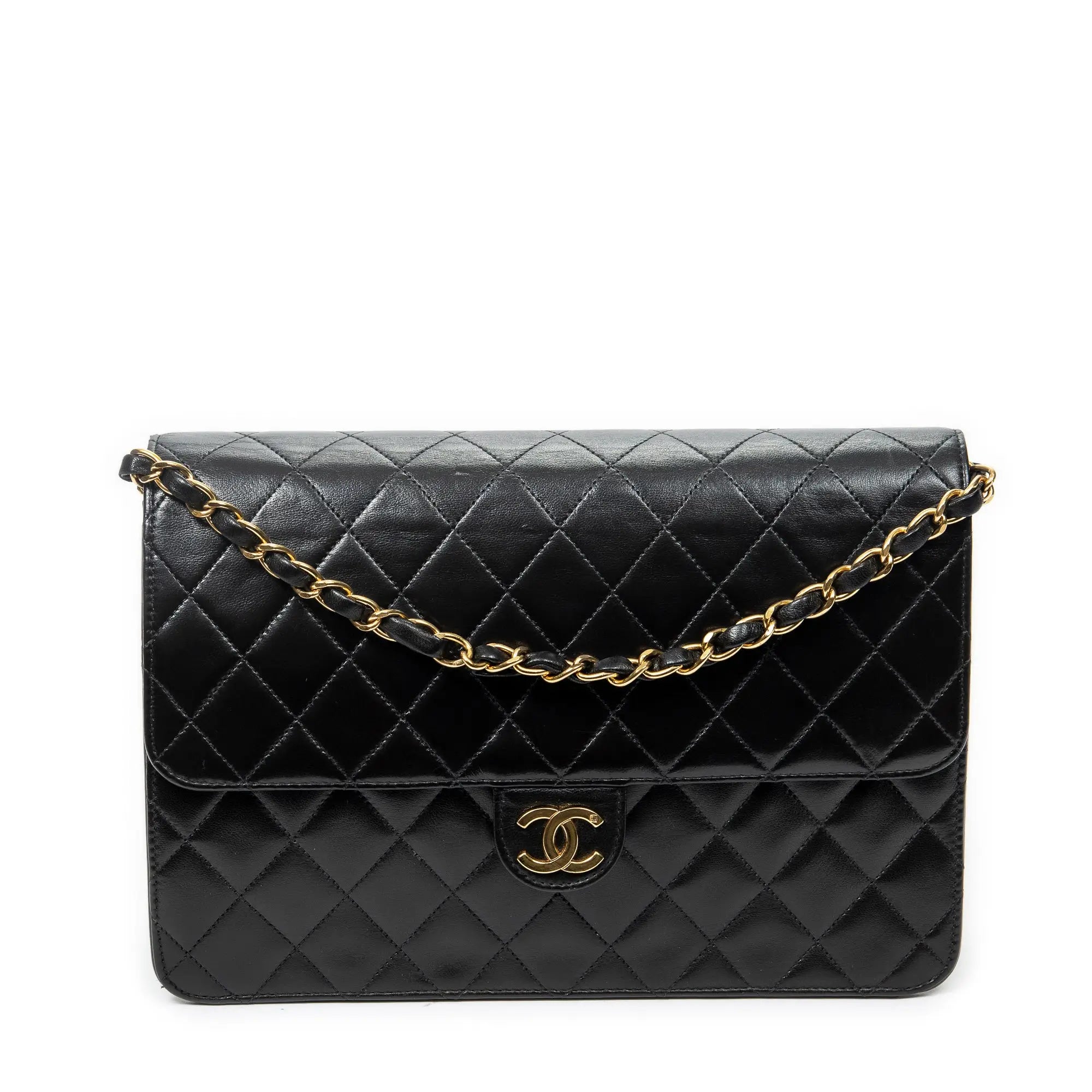 Bolso de Hombro Vintage Cierre Push Lock Solapa Recta Piel de Cordero Acolchada Negra
