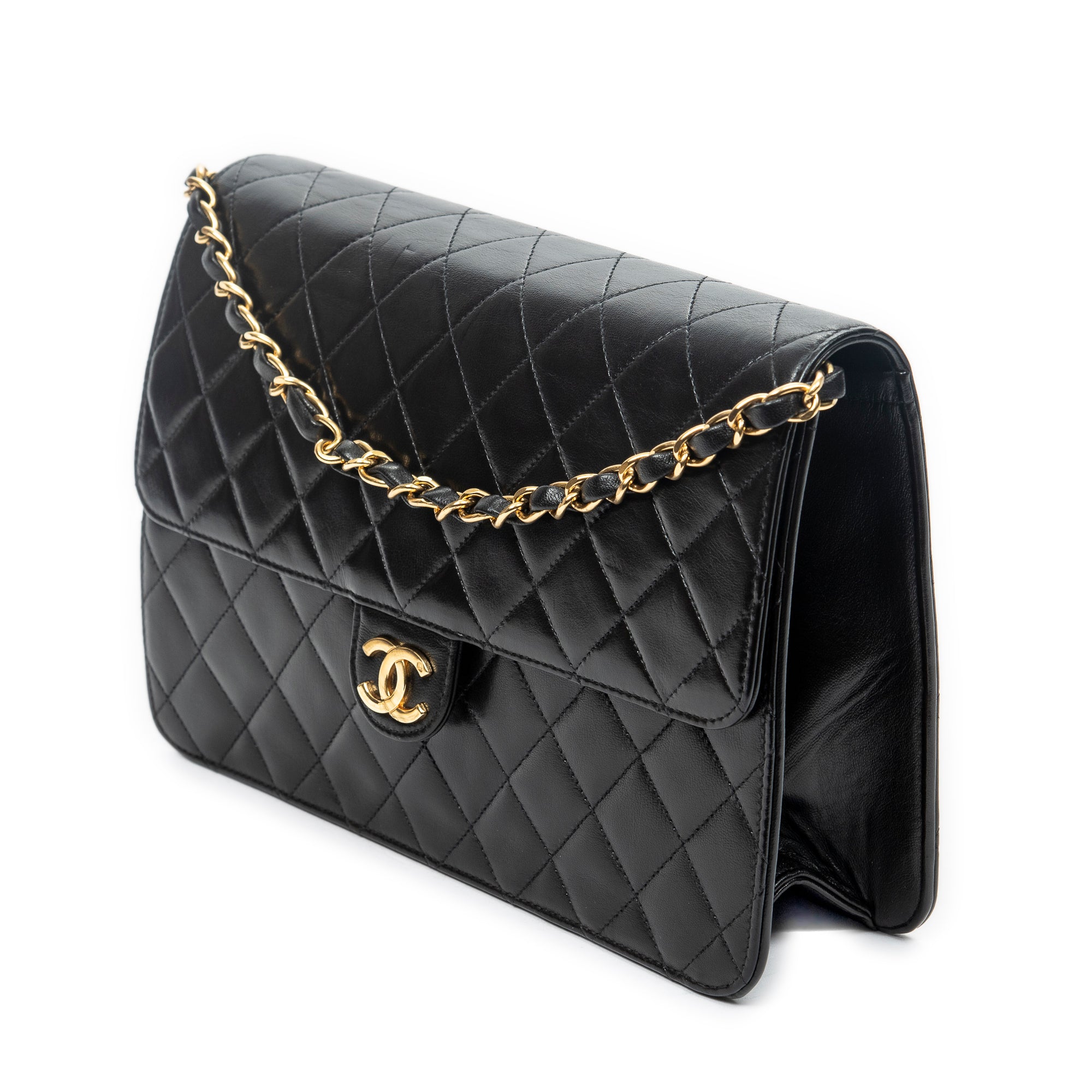 Shoulder Bag Vintage Push Lock Straight Flap Black Quilted Lambskin Leather
