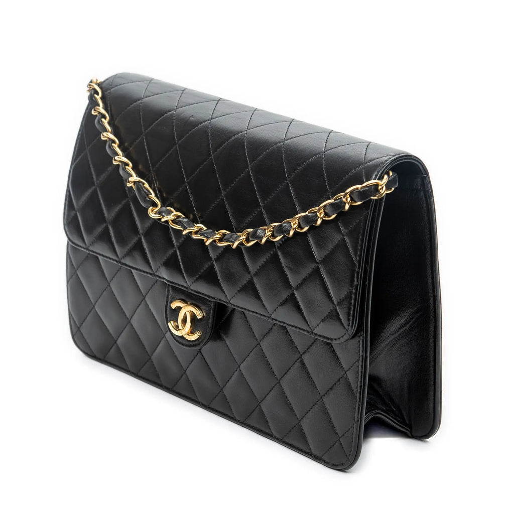 Bolso de Hombro Vintage Cierre Push Lock Solapa Recta Piel de Cordero Acolchada Negra