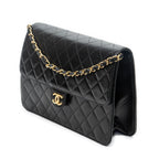 Bolso de Hombro Vintage Cierre Push Lock Solapa Recta Piel de Cordero Acolchada Negra