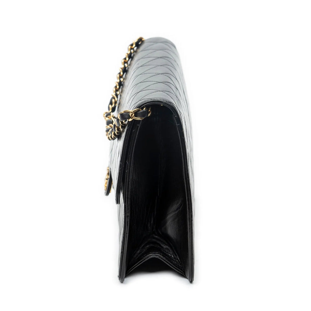 Bolso de Hombro Vintage Cierre Push Lock Solapa Recta Piel de Cordero Acolchada Negra
