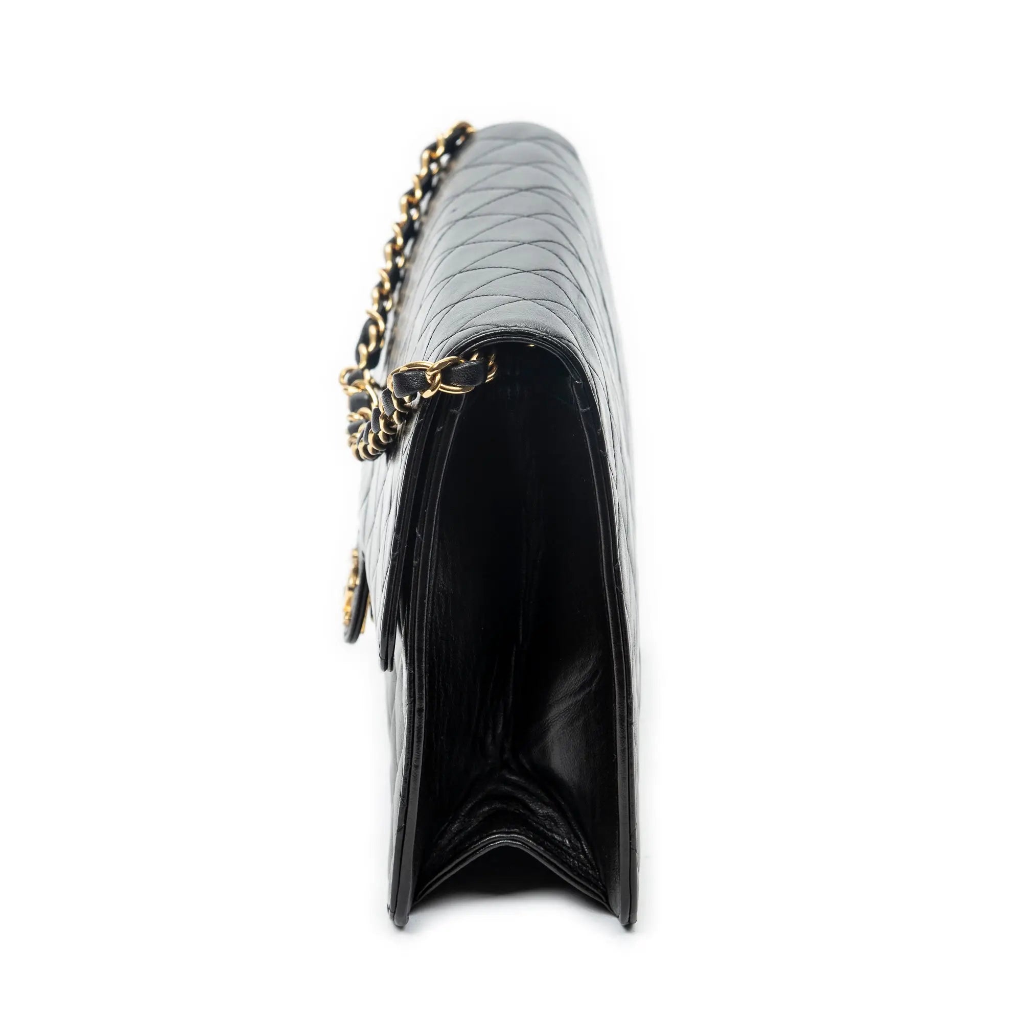 Bolso de Hombro Vintage Cierre Push Lock Solapa Recta Piel de Cordero Acolchada Negra