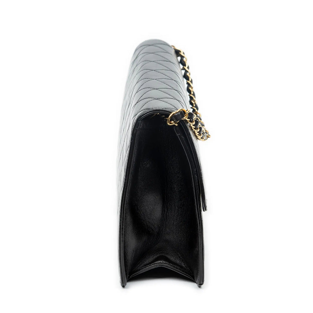 Bolso de Hombro Vintage Cierre Push Lock Solapa Recta Piel de Cordero Acolchada Negra