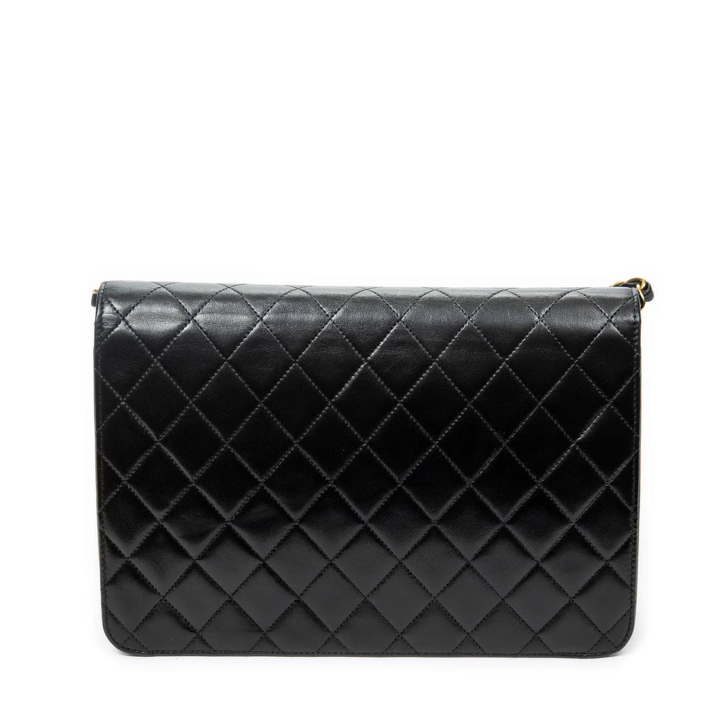 Bolso de Hombro Vintage Cierre Push Lock Solapa Recta Piel de Cordero Acolchada Negra