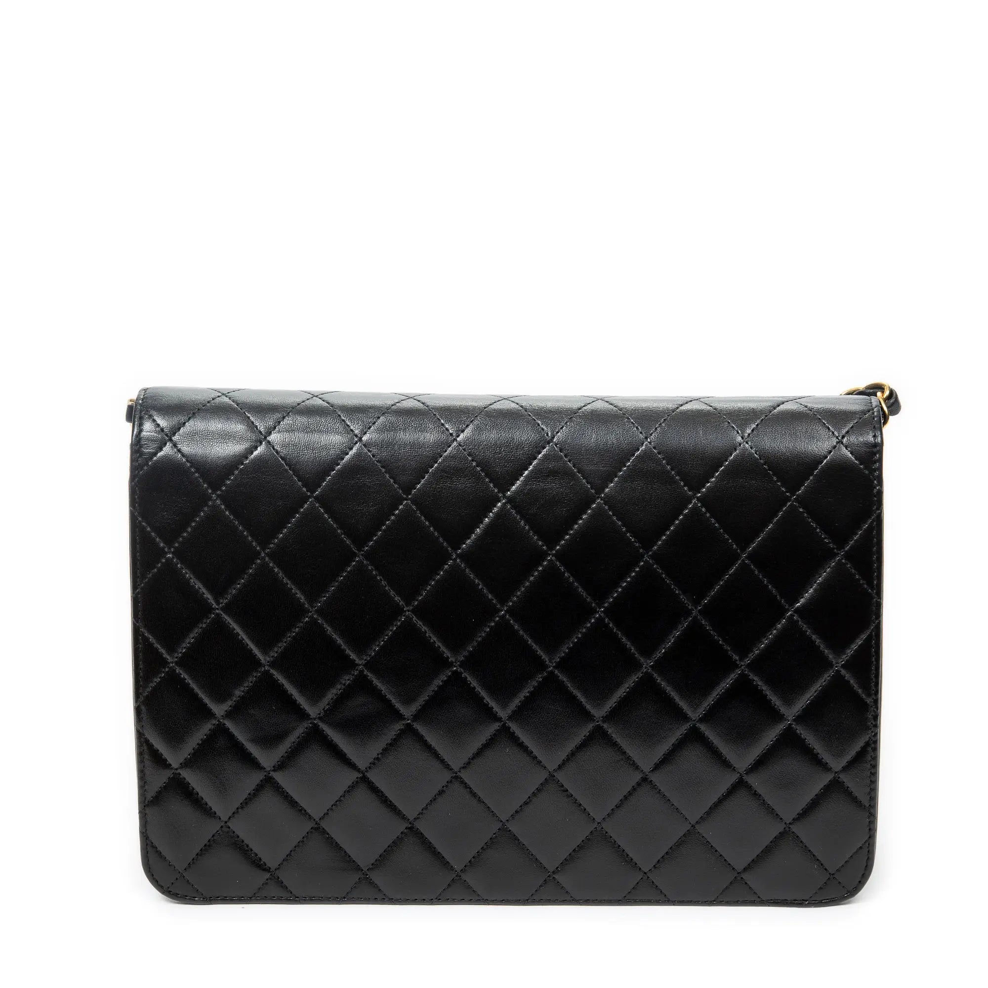 Bolso de Hombro Vintage Cierre Push Lock Solapa Recta Piel de Cordero Acolchada Negra