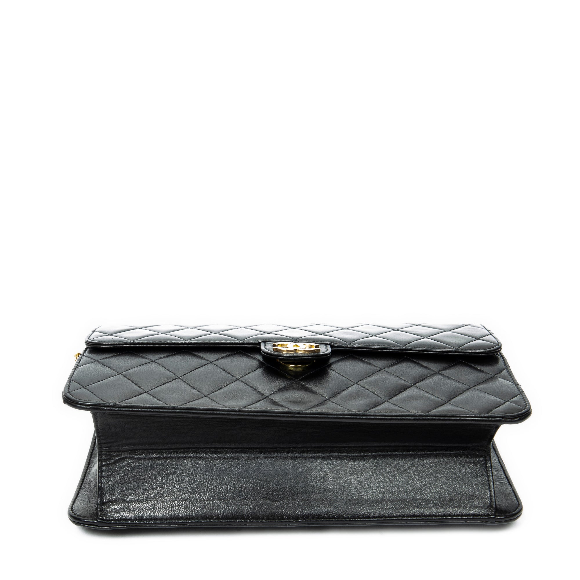 Shoulder Bag Vintage Push Lock Straight Flap Black Quilted Lambskin Leather