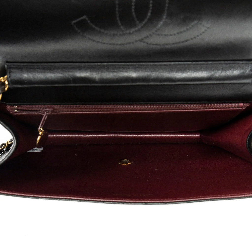 Bolso de Hombro Vintage Cierre Push Lock Solapa Recta Piel de Cordero Acolchada Negra