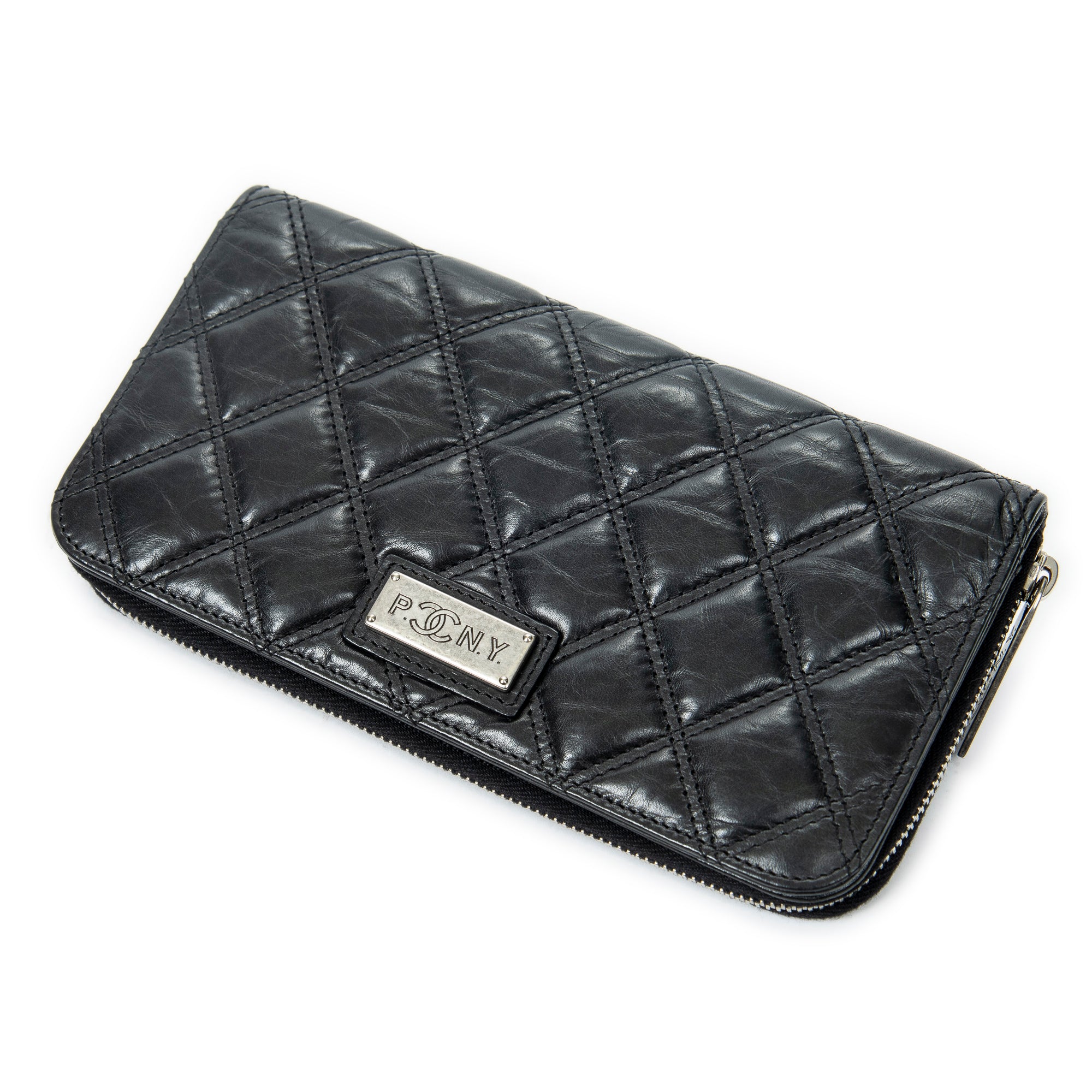 Wallet CC Paris New York Zip Around Wallet Black Double Quilted Stitch Leather