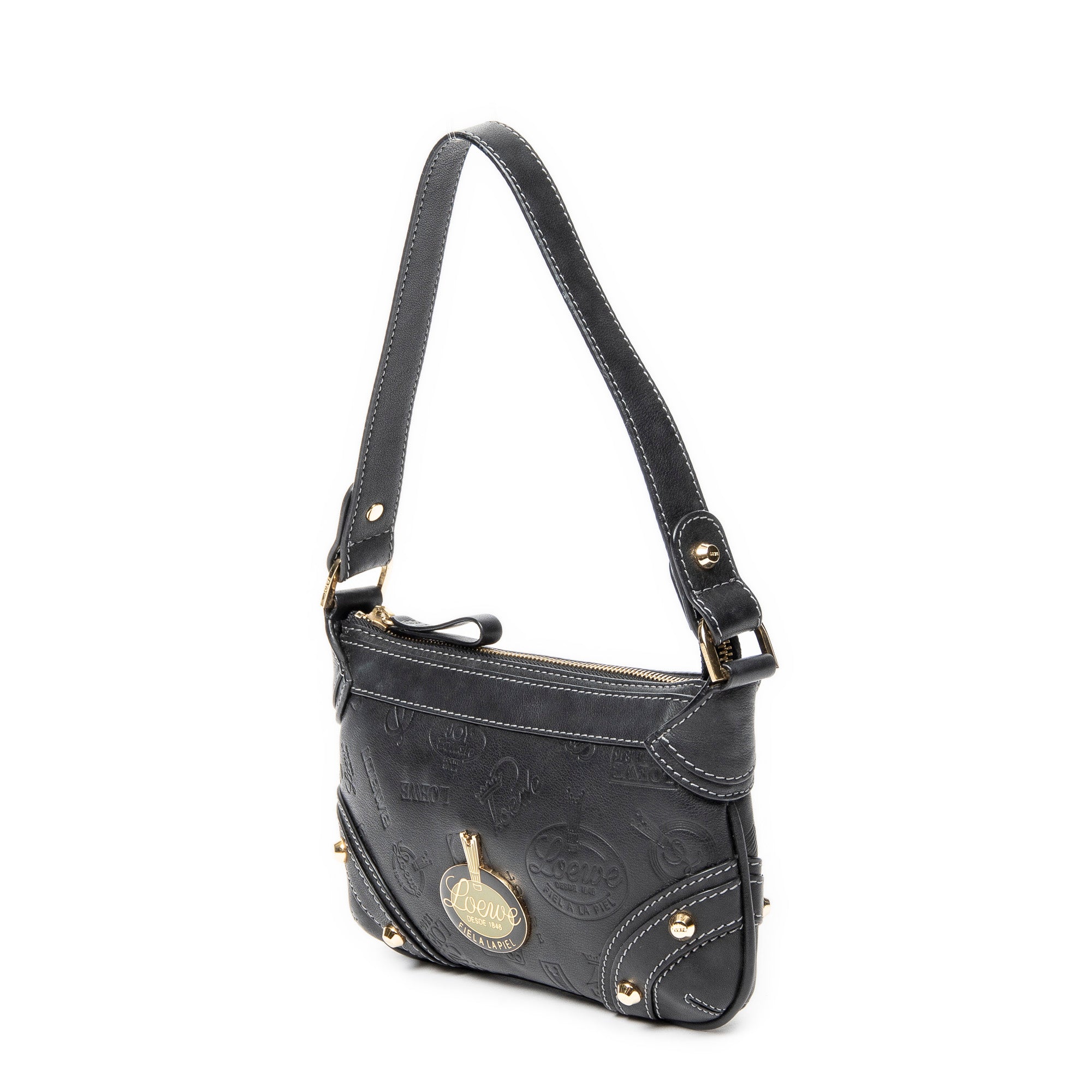 Shoulder Bag Zip Pochette Black Embossed Calfskin Leather