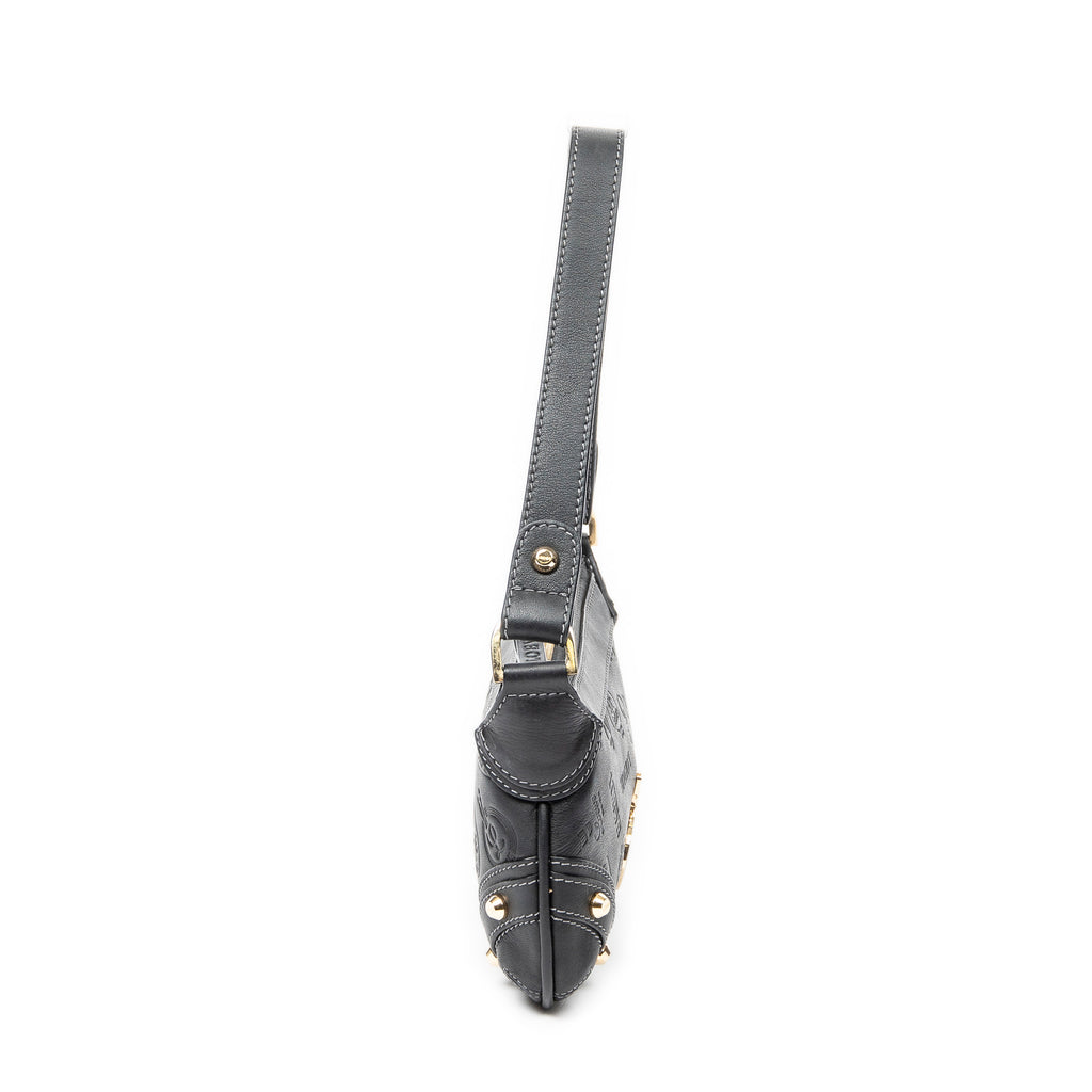 Shoulder Bag Zip Pochette Black Embossed Calfskin Leather