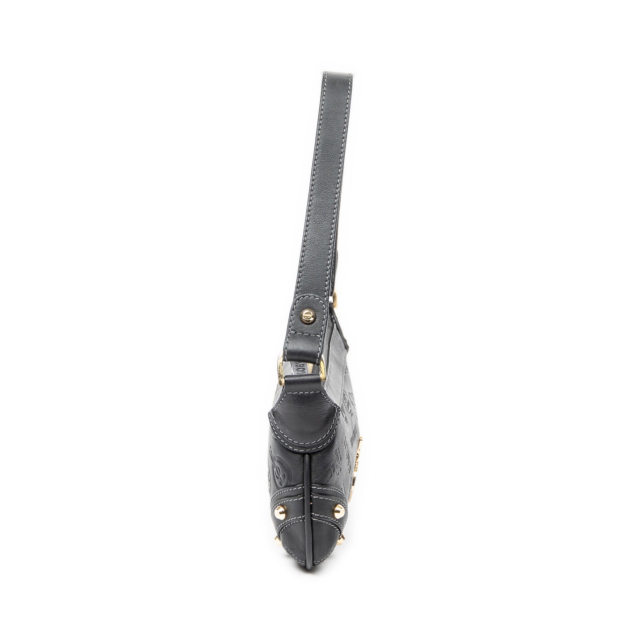 Shoulder Bag Zip Pochette Black Embossed Calfskin Leather