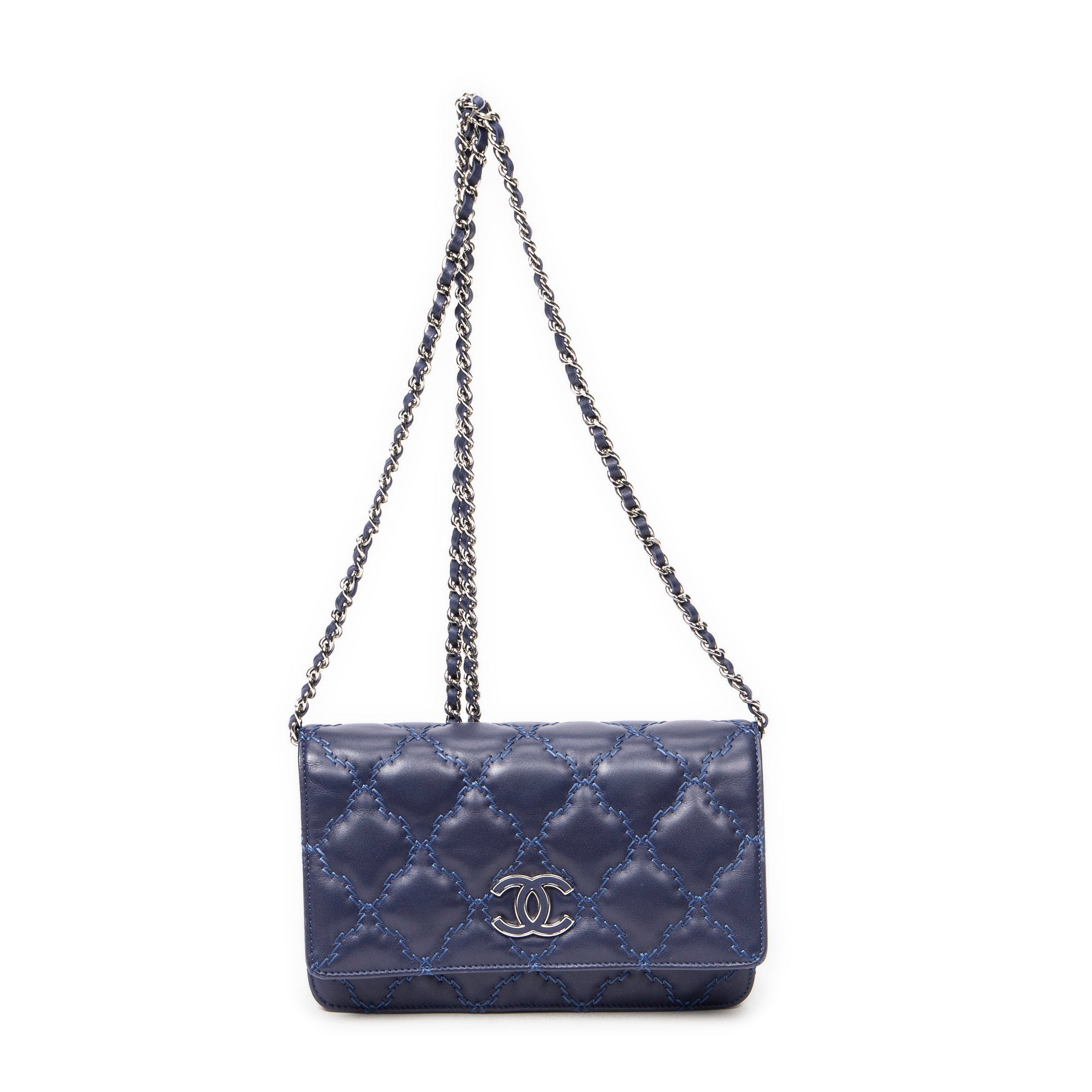 Bolso de hombro Hampton con cartera con cadena de piel de cordero azul marino con doble pespunte