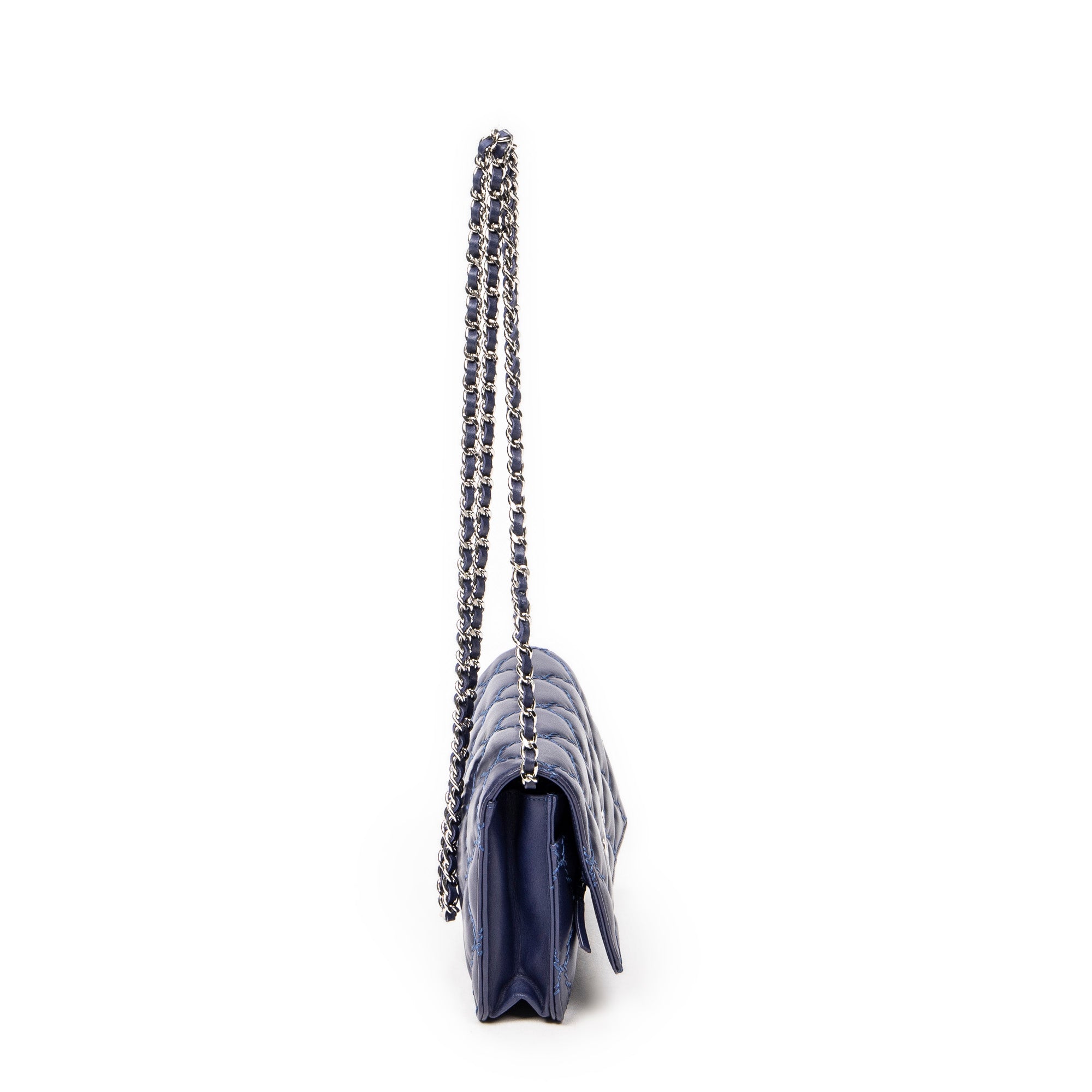 Bolso de hombro Hampton con cartera con cadena de piel de cordero azul marino con doble pespunte
