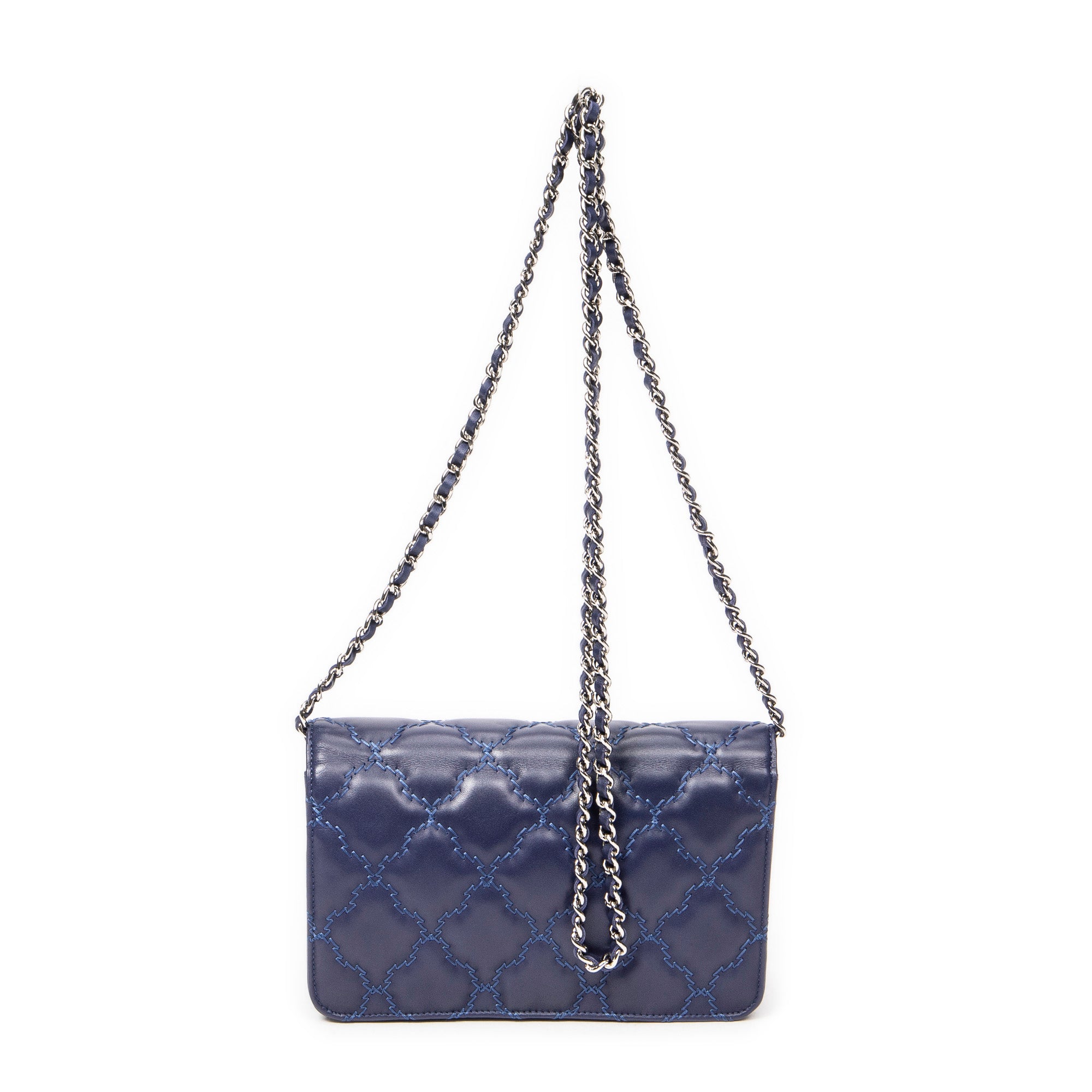 Bolso de hombro Hampton con cartera con cadena de piel de cordero azul marino con doble pespunte