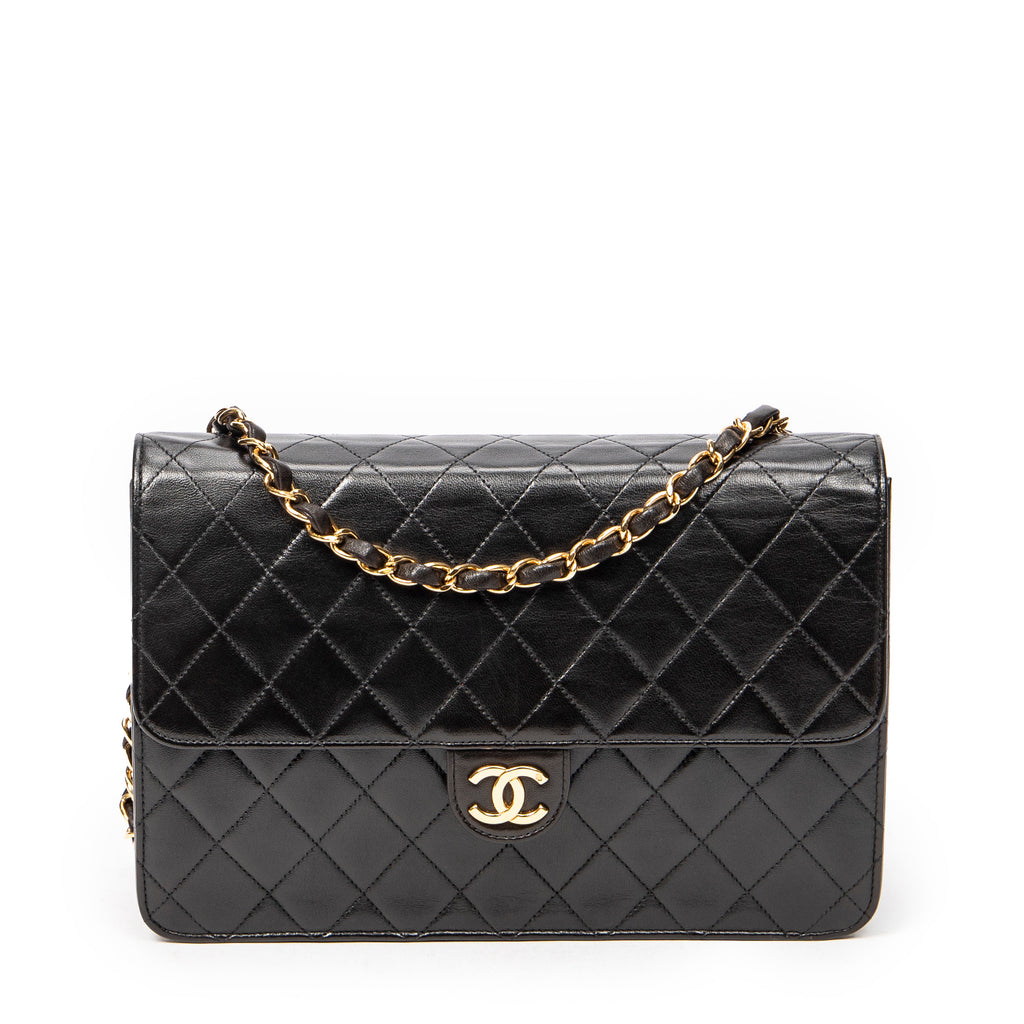 Shoulder Bag Vintage Push Lock Straight Flap Black Quilted Lambskin Leather