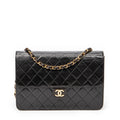 Shoulder Bag Vintage Push Lock Straight Flap Black Quilted Lambskin Leather