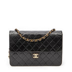 Shoulder Bag Vintage Push Lock Straight Flap Black Quilted Lambskin Leather