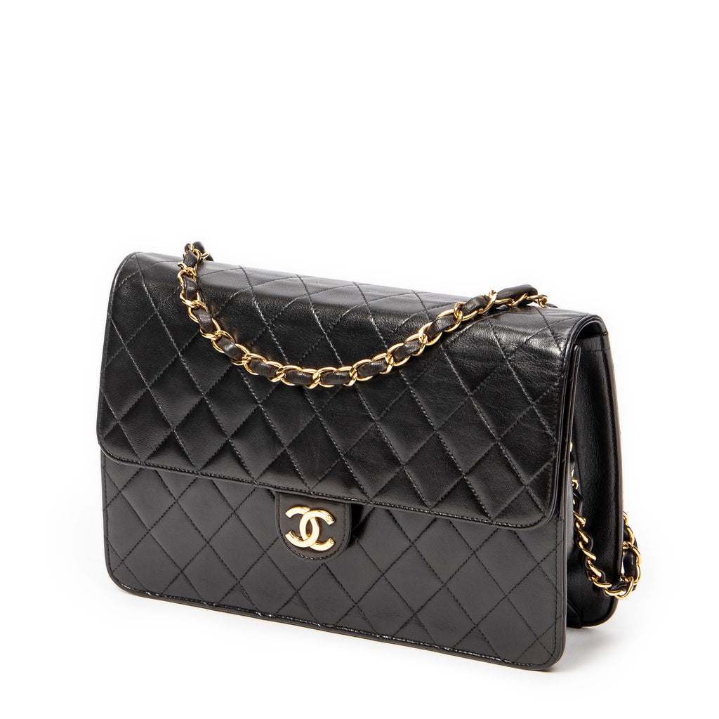 Shoulder Bag Vintage Push Lock Straight Flap Black Quilted Lambskin Leather