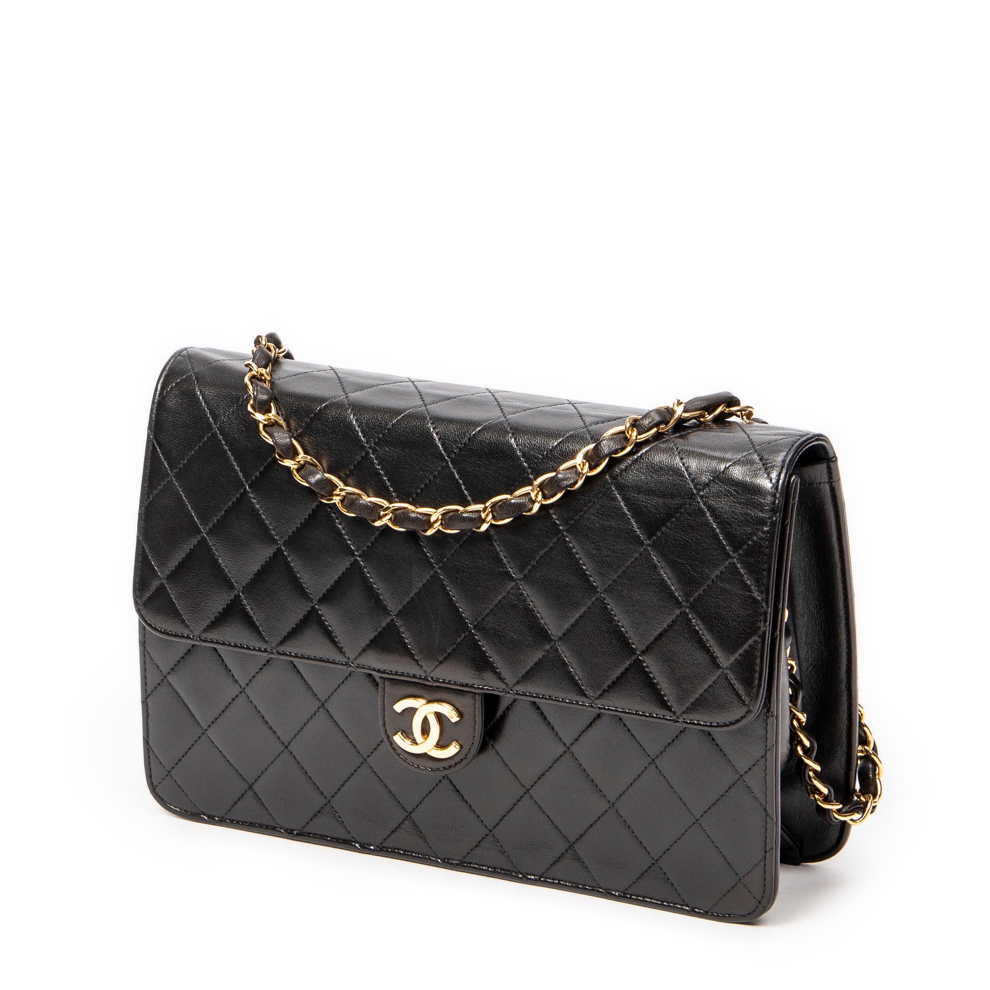 Shoulder Bag Vintage Push Lock Straight Flap Black Quilted Lambskin Leather