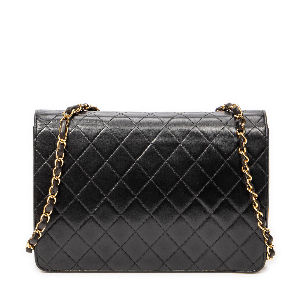 Shoulder Bag Vintage Push Lock Straight Flap Black Quilted Lambskin Leather
