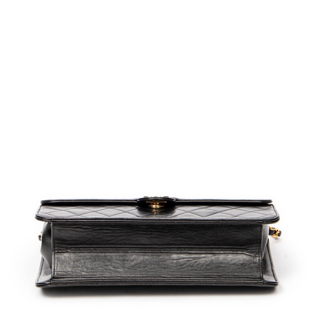 Shoulder Bag Vintage Push Lock Straight Flap Black Quilted Lambskin Leather