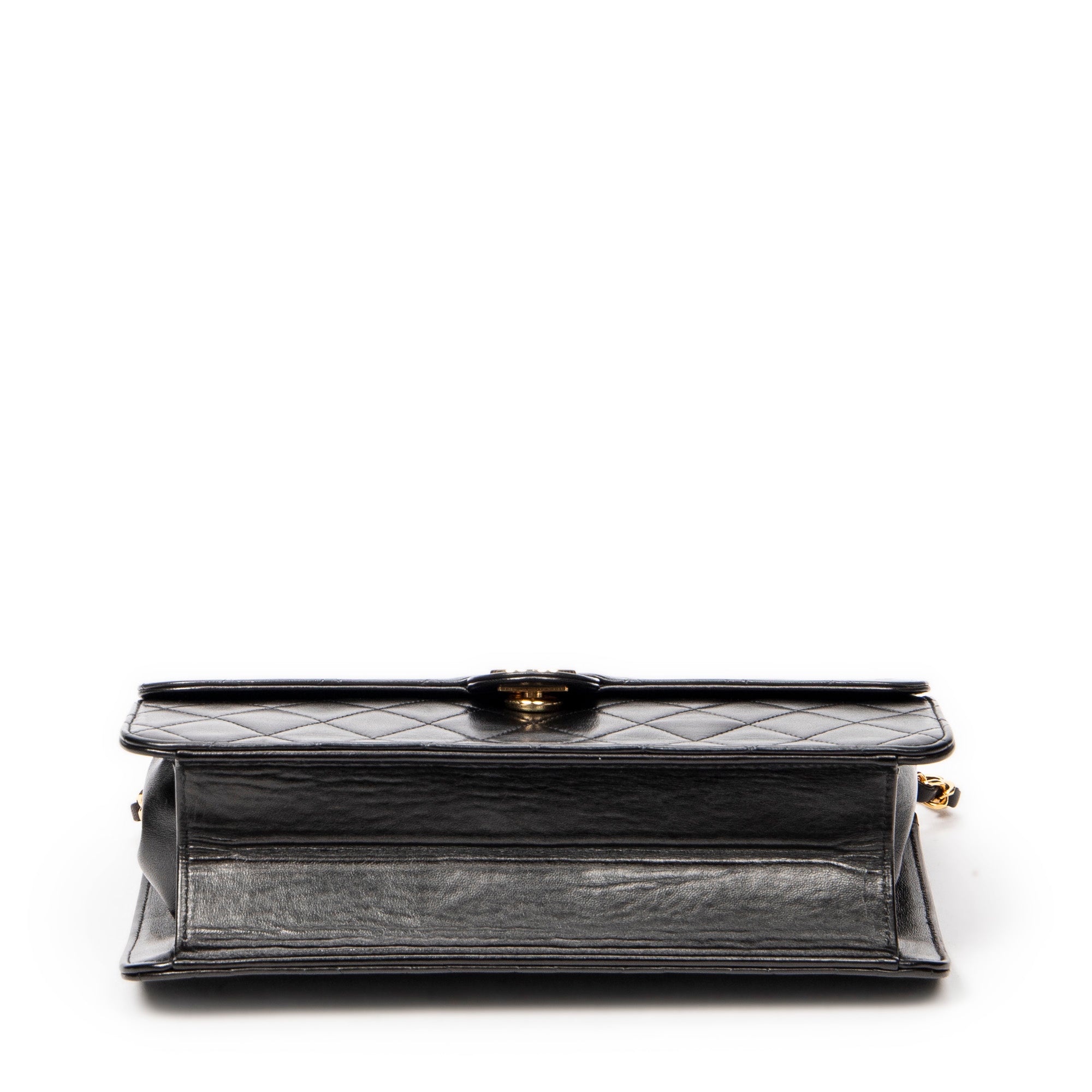 Shoulder Bag Vintage Push Lock Straight Flap Black Quilted Lambskin Leather