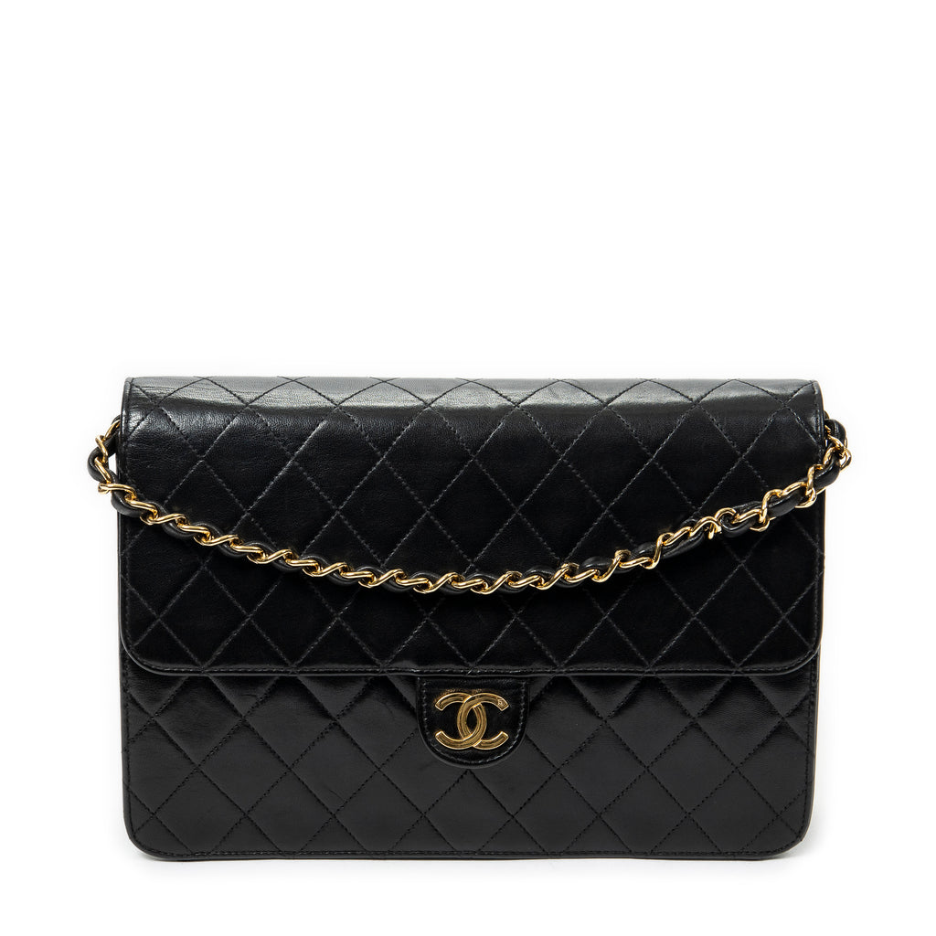 Shoulder Bag Vintage Push Lock Straight Flap Black Quilted Lambskin Leather