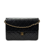 Shoulder Bag Vintage Push Lock Straight Flap Black Quilted Lambskin Leather