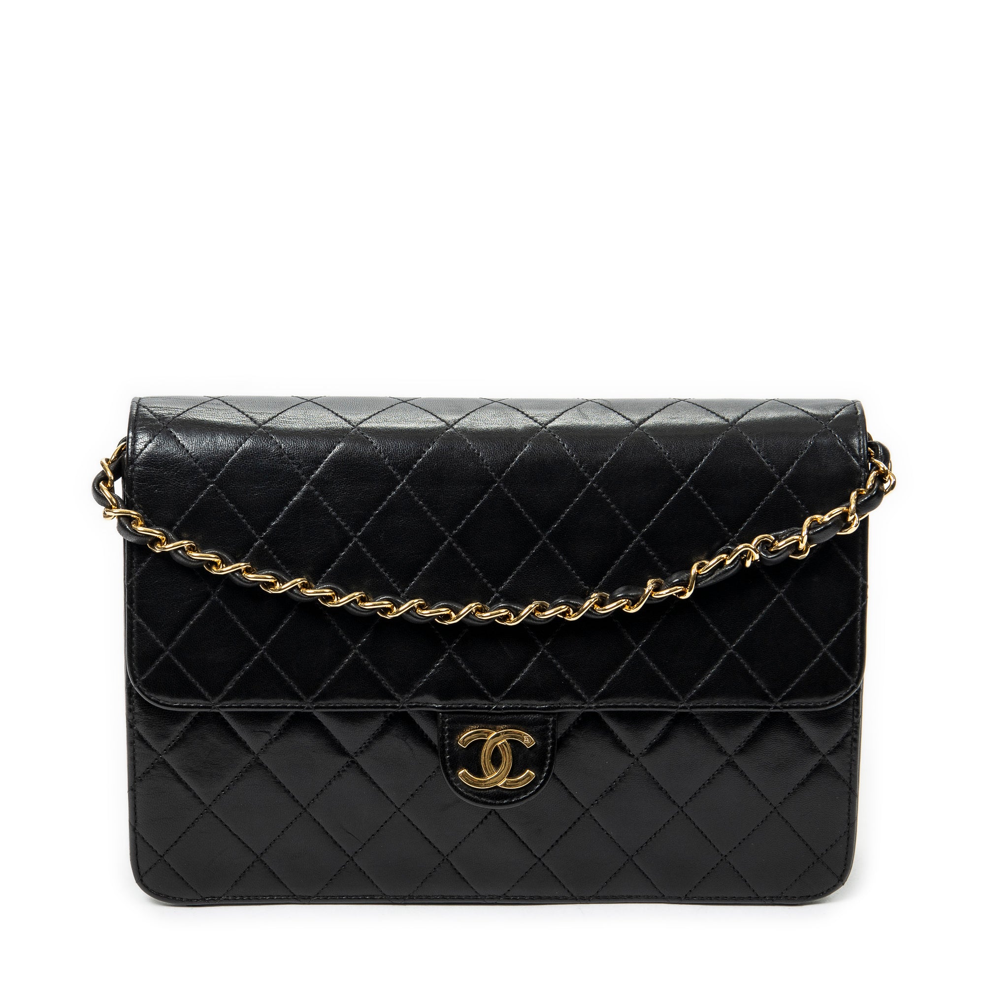 Shoulder Bag Vintage Push Lock Straight Flap Black Quilted Lambskin Leather