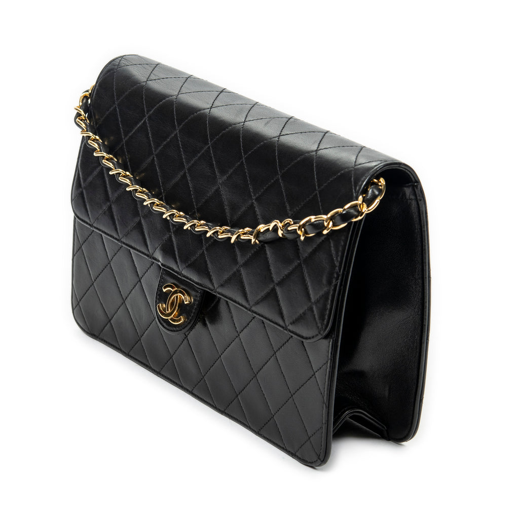 Shoulder Bag Vintage Push Lock Straight Flap Black Quilted Lambskin Leather