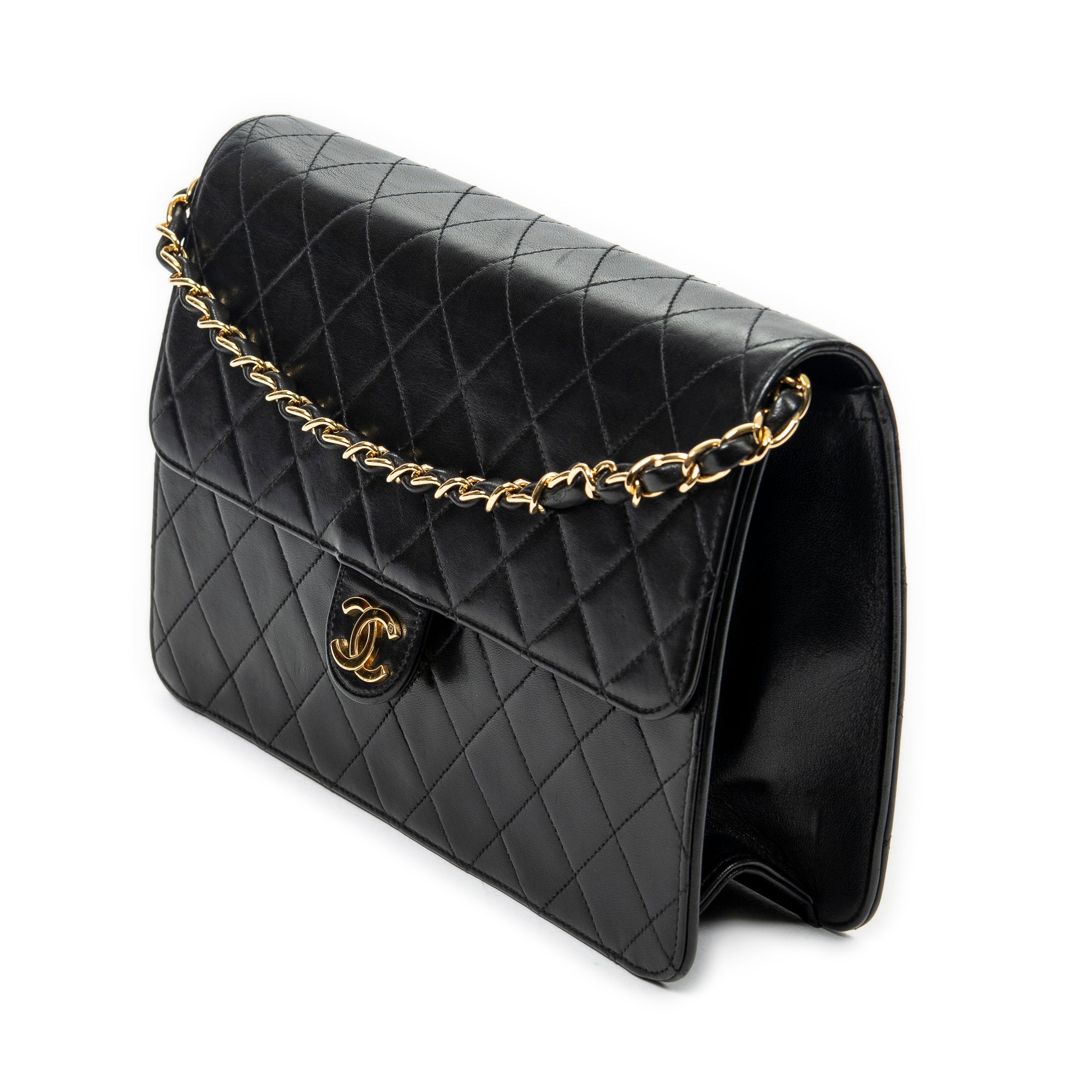 Shoulder Bag Vintage Push Lock Straight Flap Black Quilted Lambskin Leather