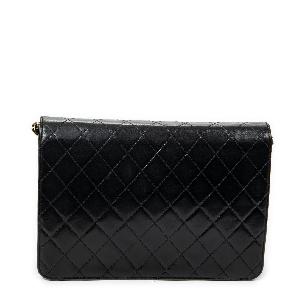 Shoulder Bag Vintage Push Lock Straight Flap Black Quilted Lambskin Leather