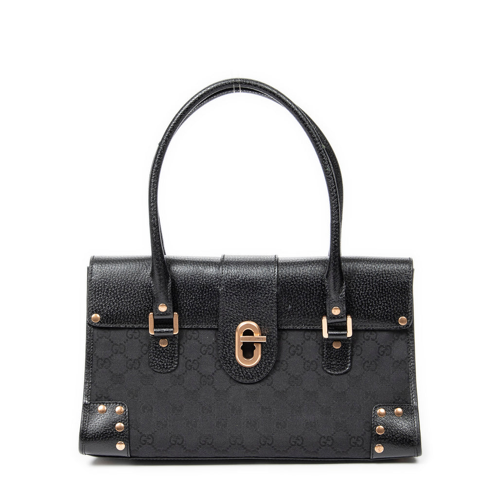 Shoulder Bag Fold Over Tote Black Monogrammed Canvas