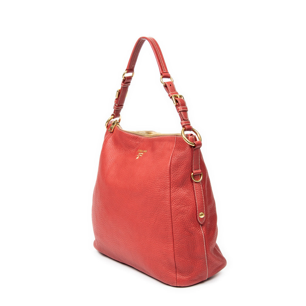 Shoulder Bag Top Handle Zip Tote Red Grained Calfskin Leather