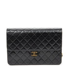 Bolso de hombro vintage con cierre de presión, solapa recta, piel de cordero acolchada negra