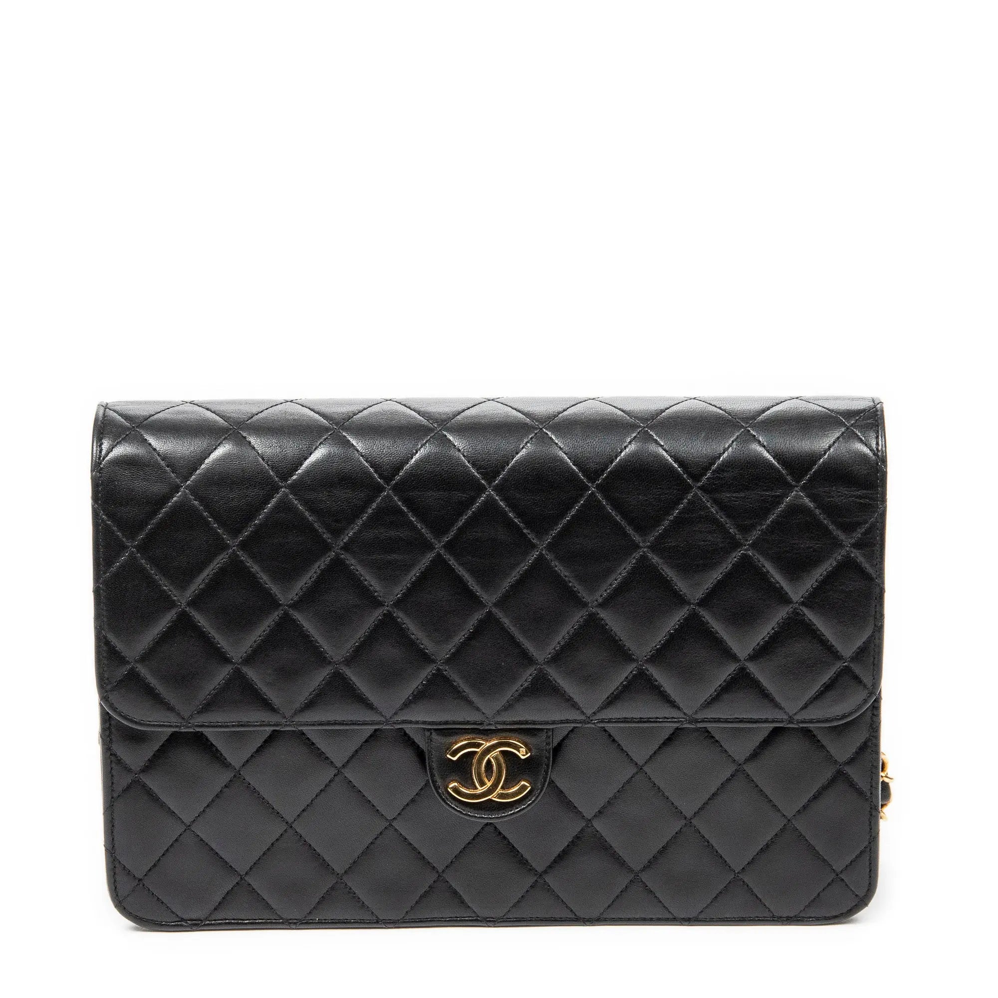 Bolso de hombro vintage con cierre de presión, solapa recta, piel de cordero acolchada negra