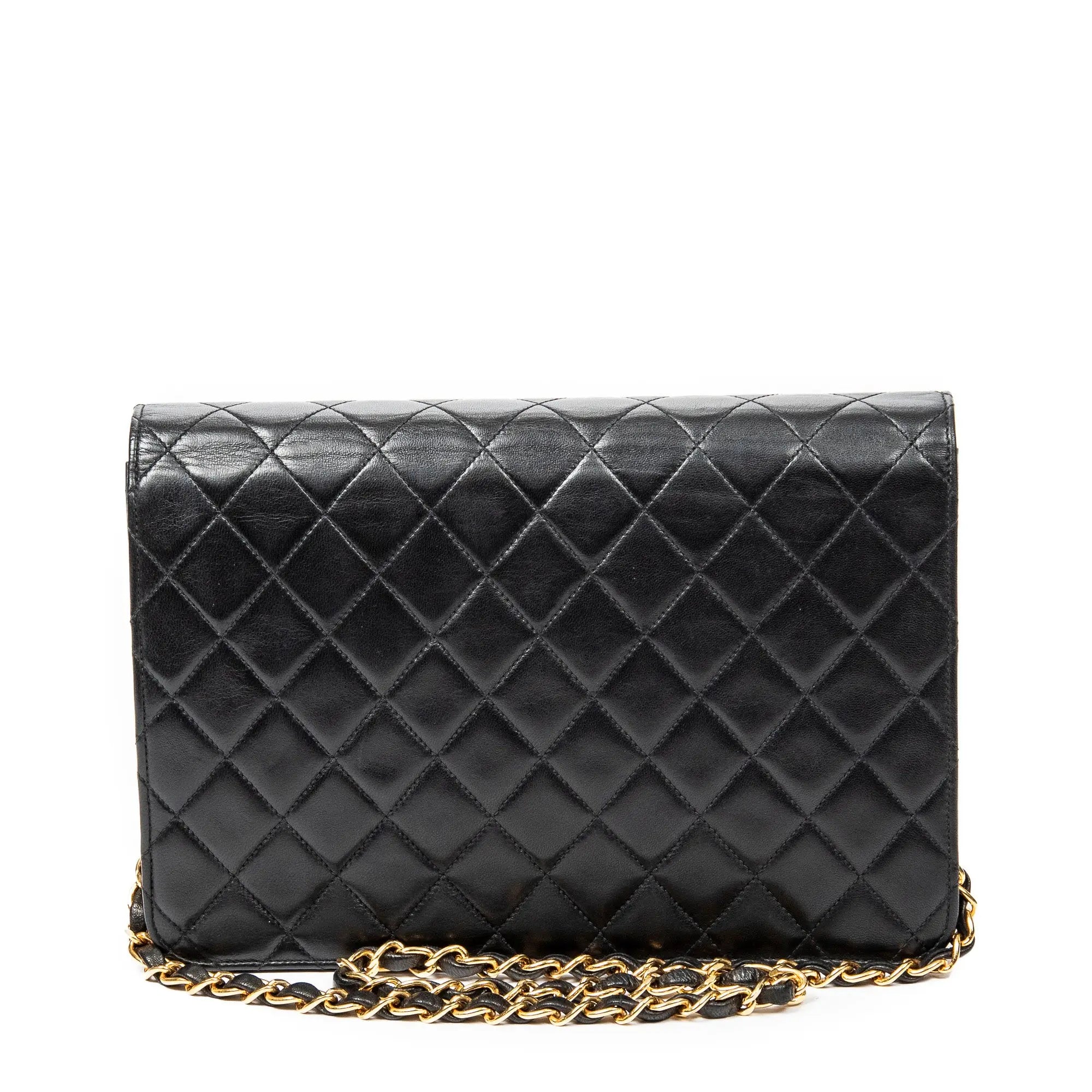 Bolso de hombro vintage con cierre de presión, solapa recta, piel de cordero acolchada negra