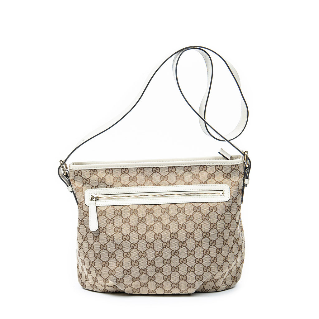 Shoulder Bag Front Zip Messenger Beige Monogrammed Canvas