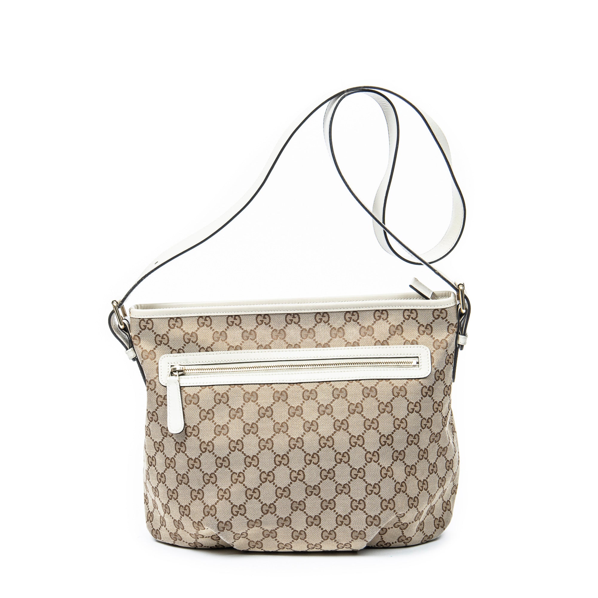 Shoulder Bag Front Zip Messenger Beige Monogrammed Canvas