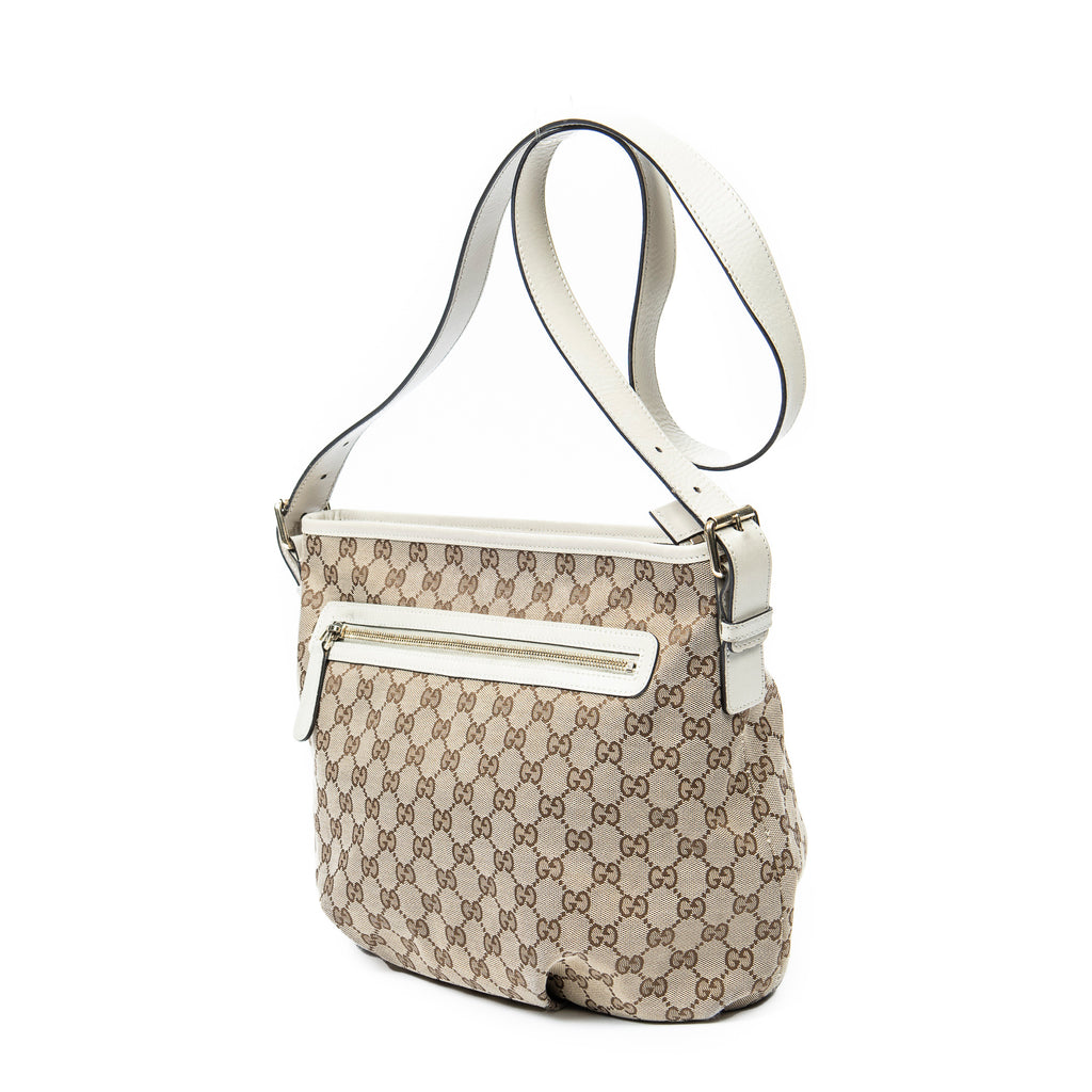 Shoulder Bag Front Zip Messenger Beige Monogrammed Canvas